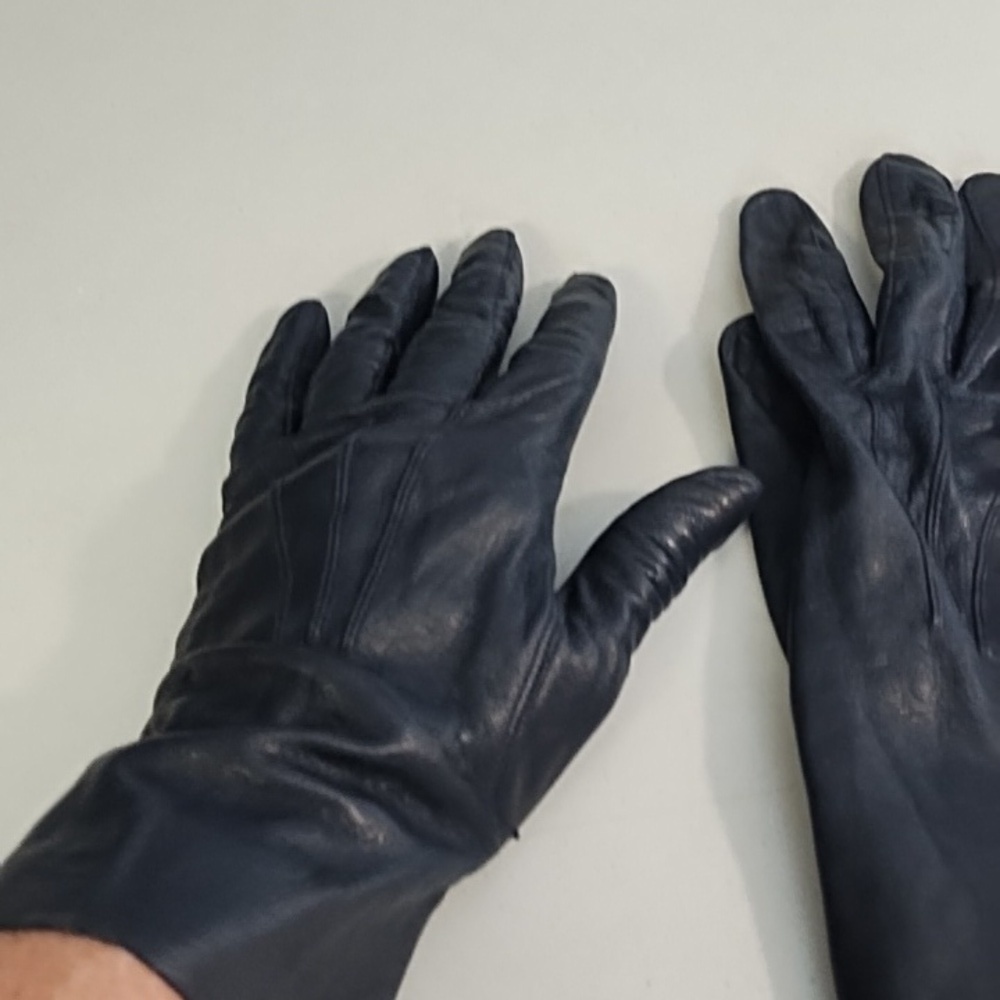 Genuine Soft Supple Thin Leather Driving Gloves Top Detail Dark Nay Blue